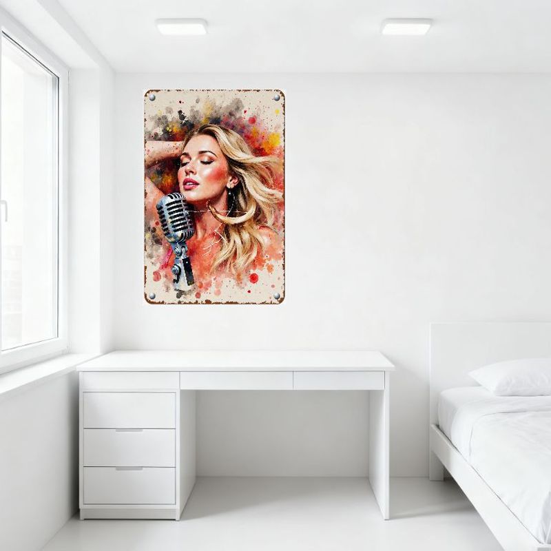 Vintage Retro Blonde Singer Metal Tin Sign Watercolor Splashes Red Yellow Orange Microphone Wall Plaque for Home Bar Cafe Man Ca