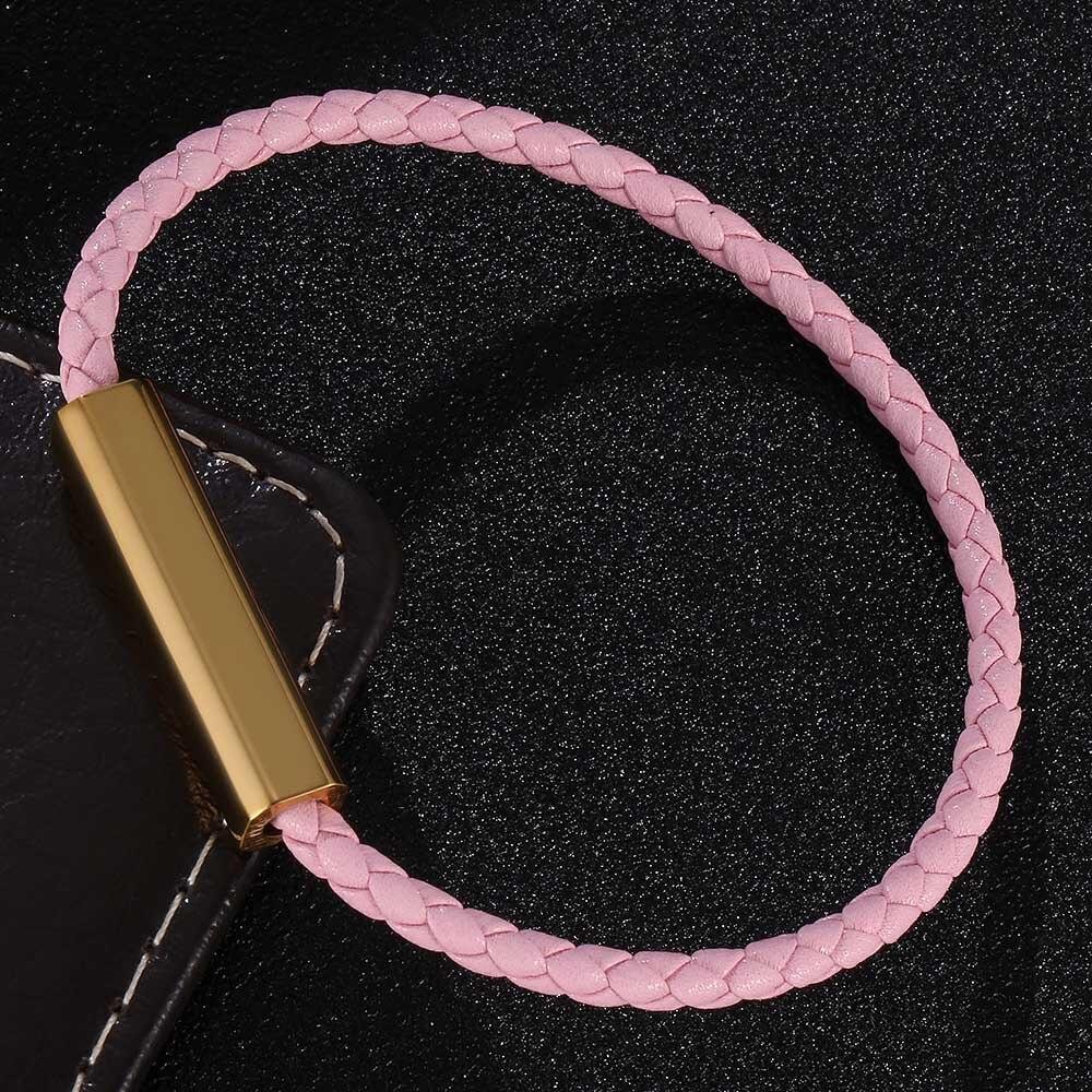 Armband Rosa Geflochtene Lederarmbänder Damen Edelstahlverschluss Armreifen Schmuck