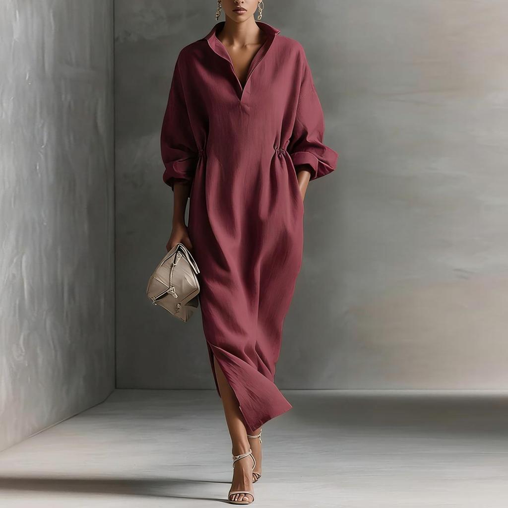 Women's Loose Fit Long Sleeve Shirt Collar Dress with Waist Drawstring and Side Pockets Casual Button Down Midi Dress for Spring Summer