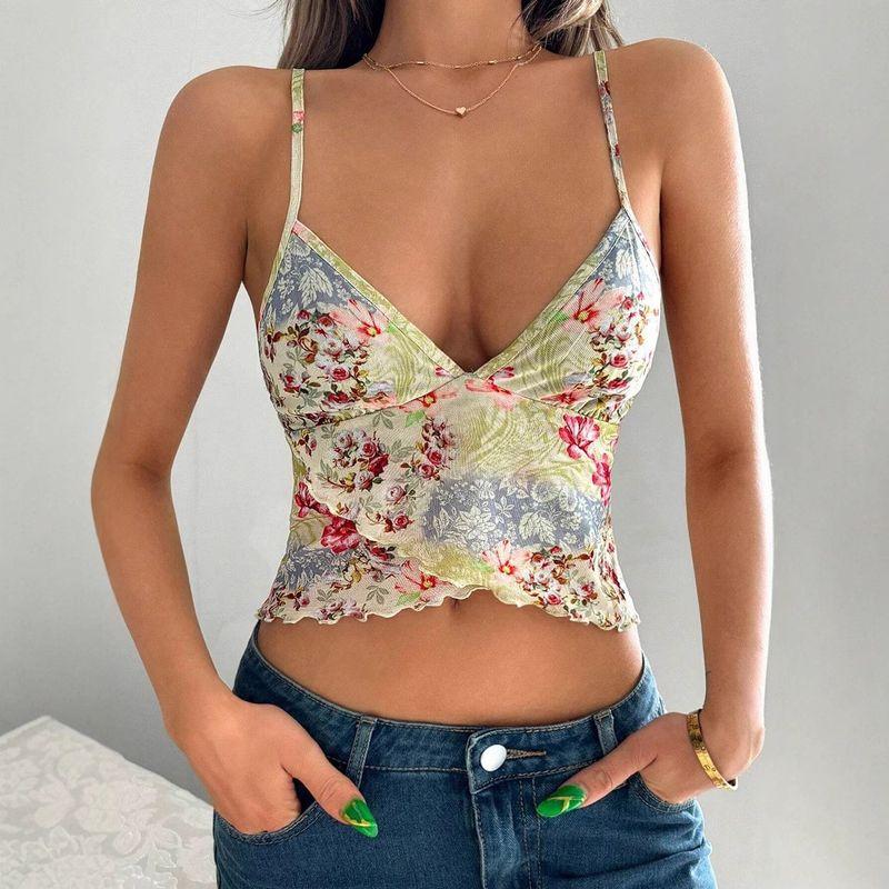 Fashion Style 2025 Spring/Summer New Arrival Women's Clothing Fashion Sexy Print Halter Backless Ruffles Split Sling Tops
