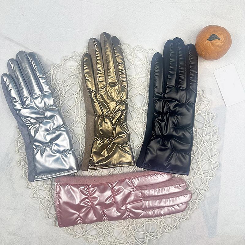 Women Winter Fashion Waterproof Touch Screen Down Cloth Suede Splicing Elastic Driving Gloves