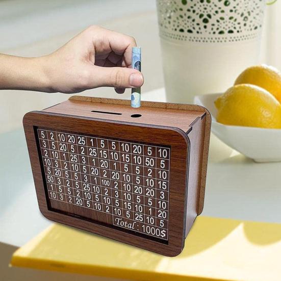 Wooden Money Box with Counter Marker Pen Vintage Piggy Bank with Money Target Numbers Coin Cash Container Money Saving Challenges Box