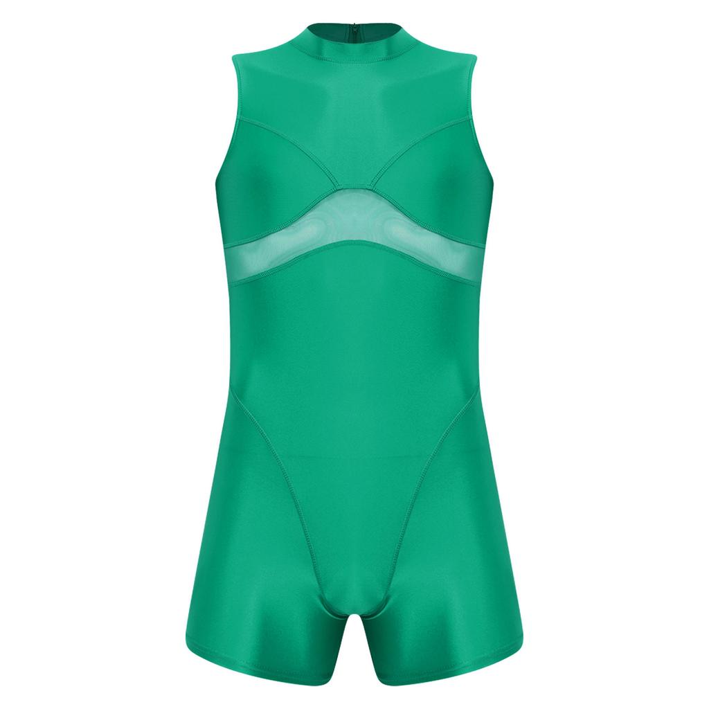 Mens Oil Shiny Bodysuit Sheer Mesh Patchwork Mock Neck Sleeveless Back Zipper Boxer Bottom One Piece Sportswear