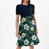 Women's Fashionable Casual Belt Short Sleeved Round Neck Printed Patchwork Dress