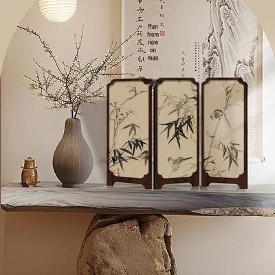 Adorno de Pantalla Pequeña de Bambú con Tinta Retro: Mesa de Té y Decoración de Gabinete Chino, Estilo de Pintura Antigua