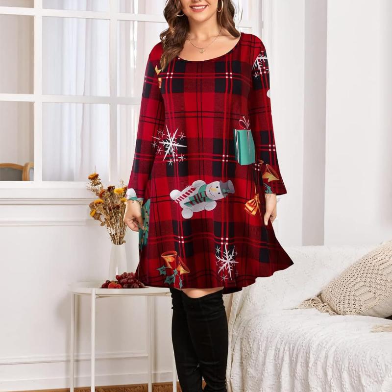Women's Fashion Christmas Print Midi Sleeve Plus Size Dresses