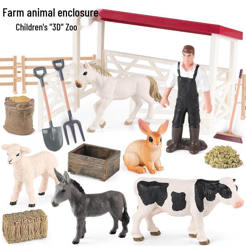 Farm Animal and Human Figures Playset with Fences: Rabbit, Sheep, Donkey, Cow - Parent-Child Simulation Toy