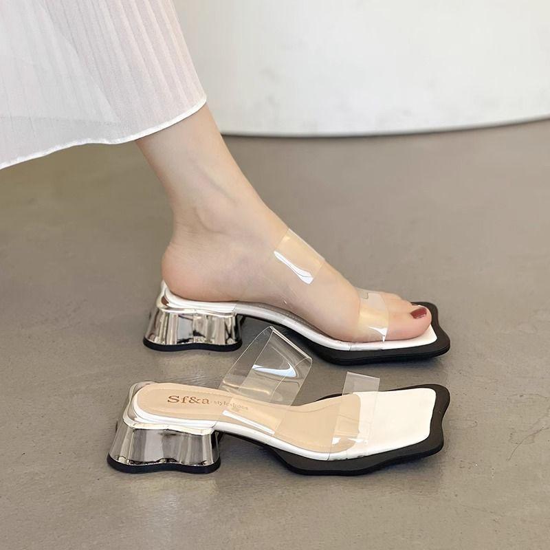 Fashion versatile women's design sense niche transparent cool slippers thick heel 2025 new popular slippers women's summer wear