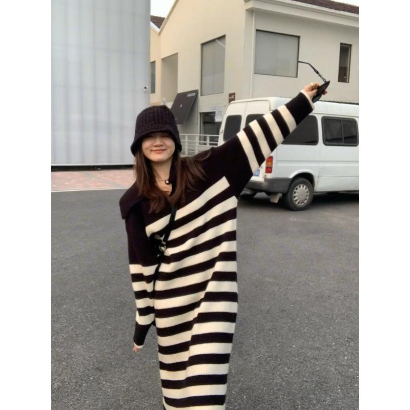 

[] Black and white striped medium and long knitted dress autumn and winter new loose lazy sweater skirt S