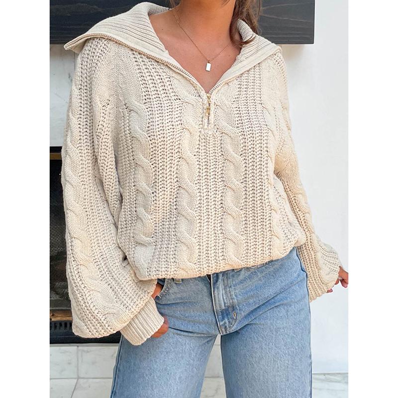 

Female Autumn Winter Knitted Sweater Women Solid Long Sleeve Zipper Pullover Lady Casual Turndown Collar Warm Jumper L