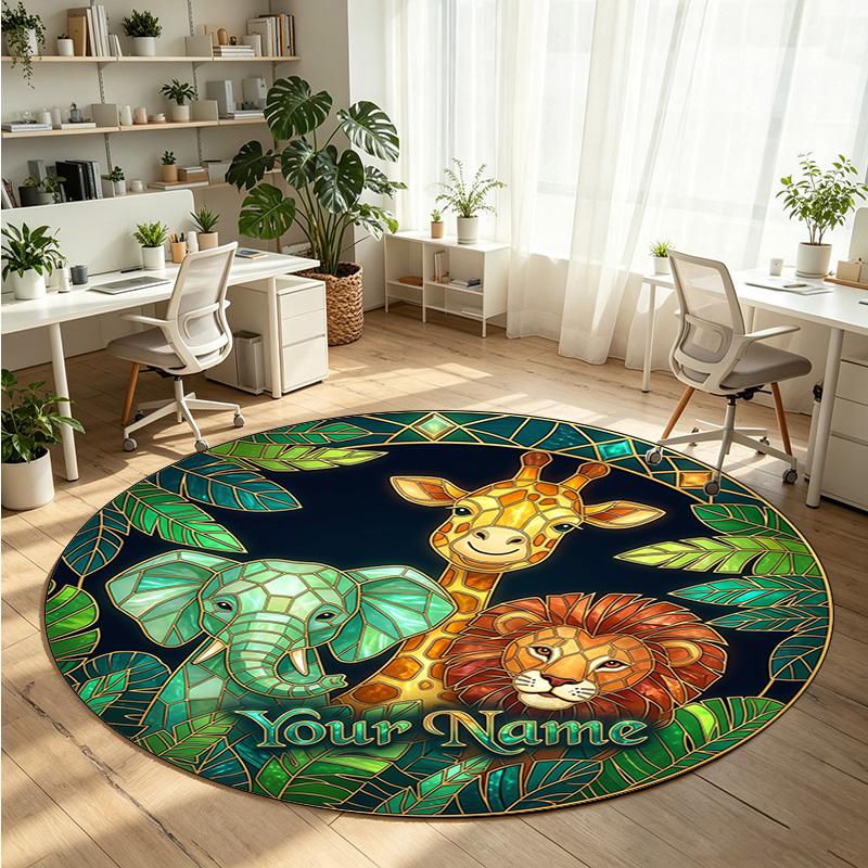 Wild Animals (487) Theme Round Crystal Velvet Rug Custom Name Text Personalized Floor Mat Home Decor Non Slip Crystal Carpet