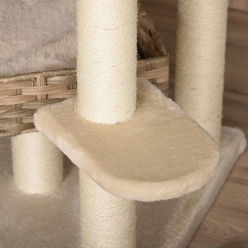 Rattan Cat Tree with Cat Den Multi-Level Cat Tree Climbing Tree for Cats E1 MDF Sisal Beige+Brown 55 x 55 x 174 cm