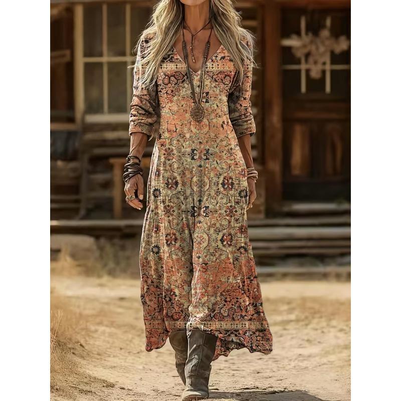 Creative Tie-dye Printing Women's New V-neck Long-sleeved Dress Medium and Long Dress