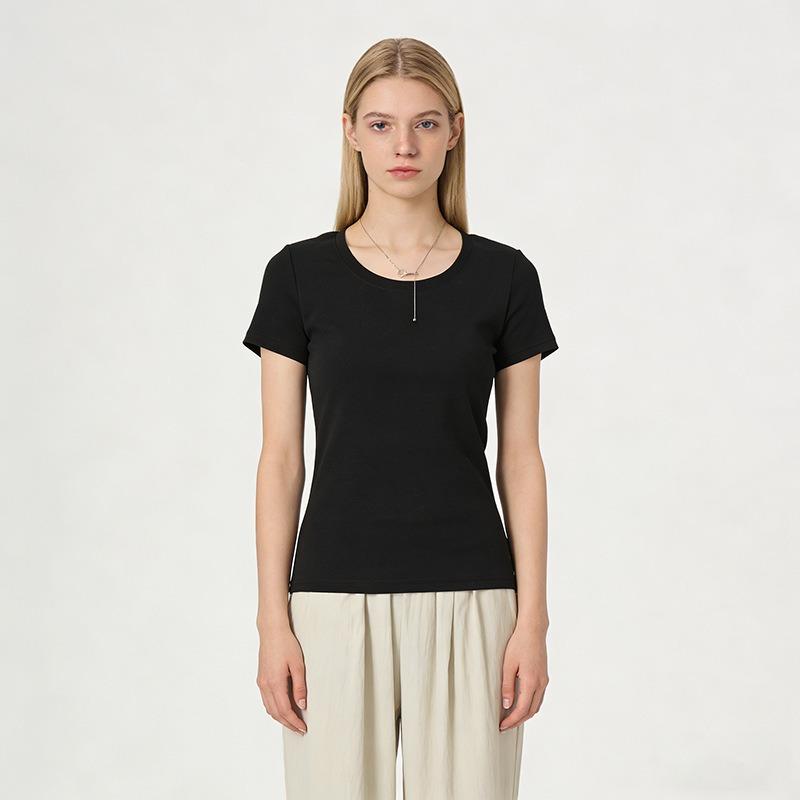 Summer New Shoulder Slim and Thin Collar Short-sleeved Shirt Women's Casual Versatile White Round Neck American Top Clothing