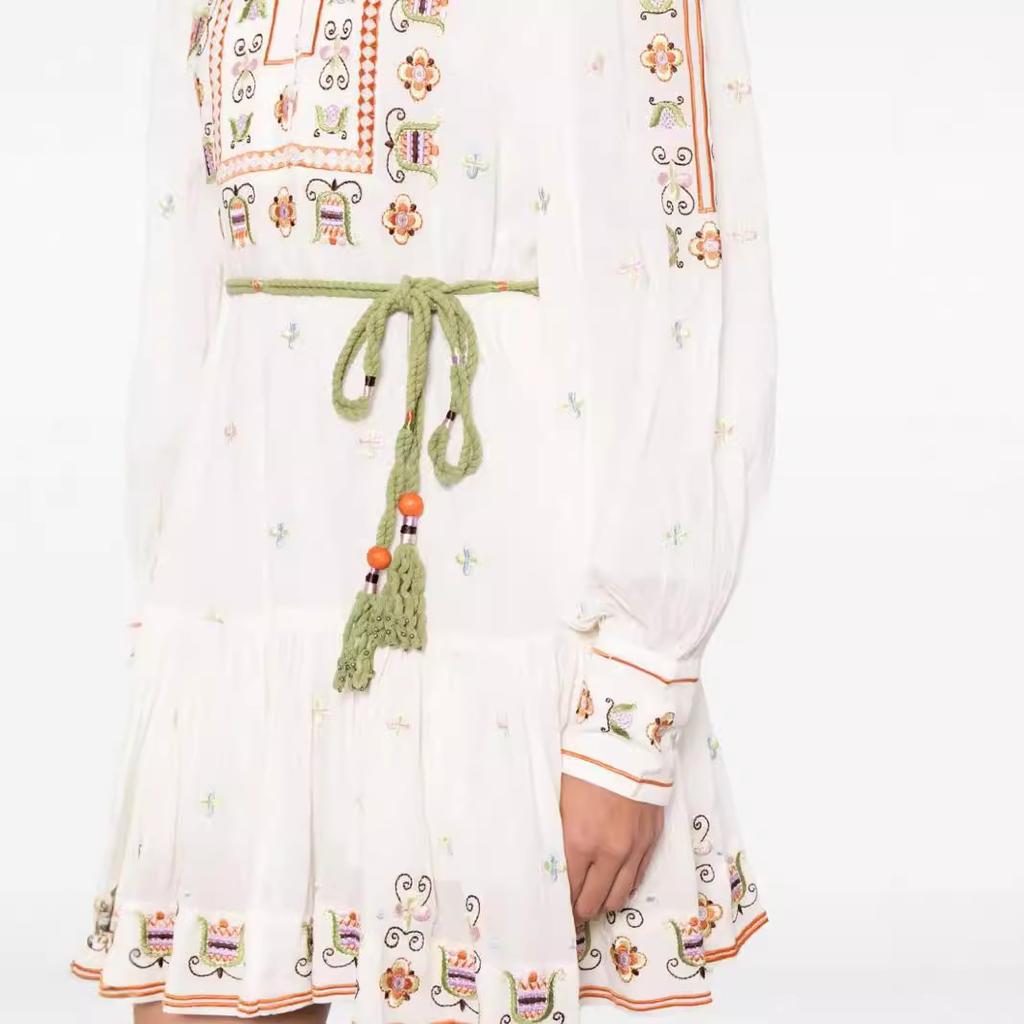 Autumn European and American Popular New Casual Round Neck Lace-up Printed Dress Women