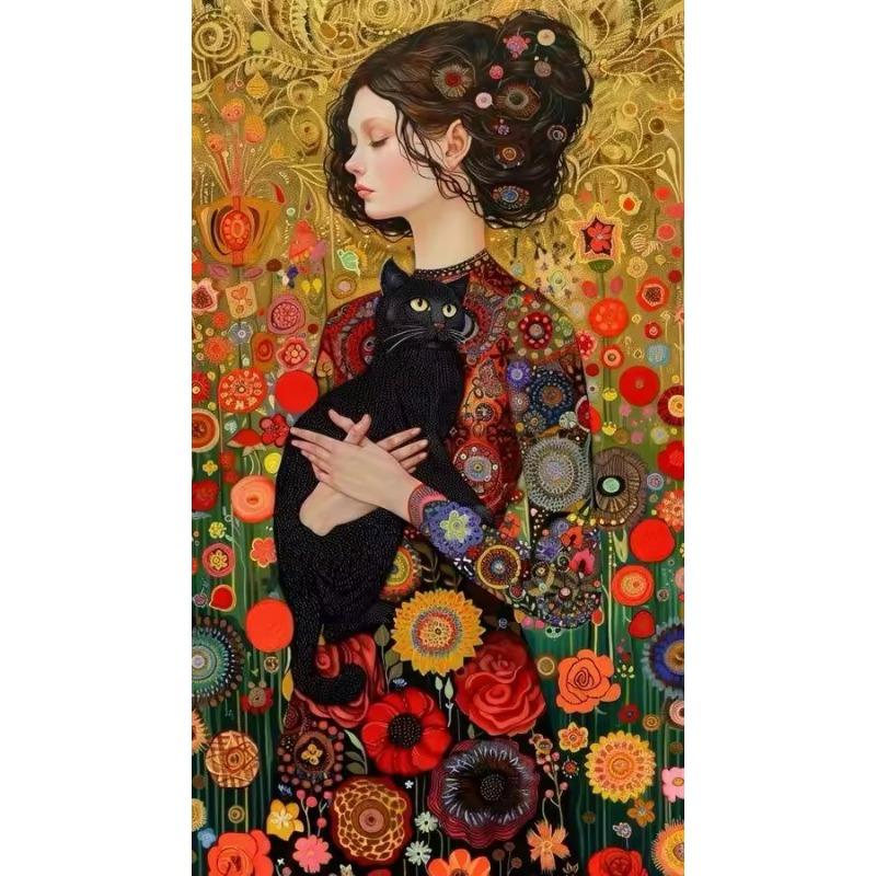 Creativity Beauty Women and Black Cat Canvas Paintings Wall Art Posters and Prints for Living Room Abstract Home Decor Mural