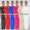 European and American Fashion Women's Mesh See-Through Rhinestone Long Sleeve Dress with Lining Two-Piece Set