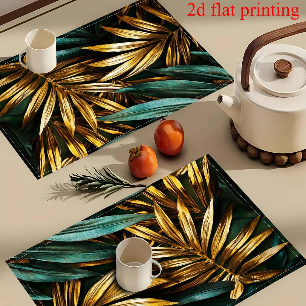 Jit4pcs 2D FLAT Digital Print Placemats, Golden Green Intercalated Plant Leaves, Light Luxury Style Pattern Printed Placemats, Making Your Dining Room