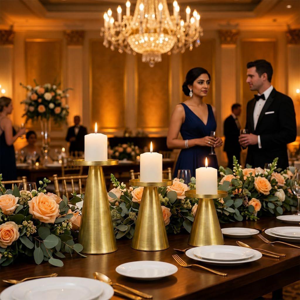 3PCS Gold Iron Candle Holder Set, Pillar Plate Stand for LED Wax Elegant Candle Stand for LED & Wax Candles, Incense Cones, Spa, Weddings