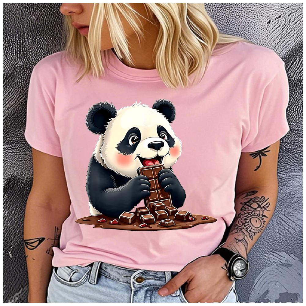 Unisex 100% Polyester Summer Top Happily holding the chocolate panda Print Loose round Neck Short Sleeve Fashion for Lovers