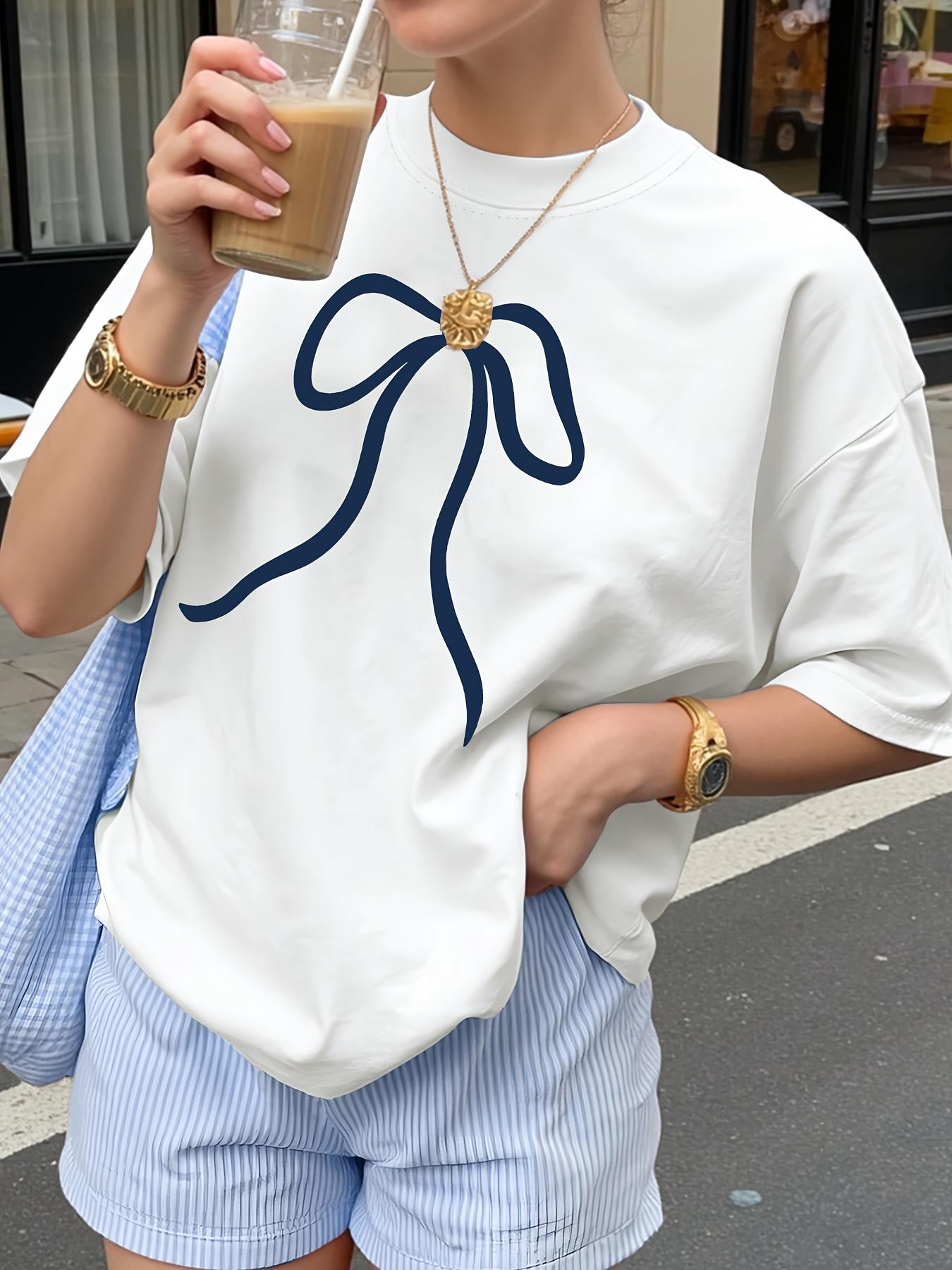 

European sizes New Arrival Casual Ins Style Women s Round Neck Artistic Bow Print Fashion Cool Short Sleeve Summer Tee - Ice Fiber Fabric T-Shirt S белый