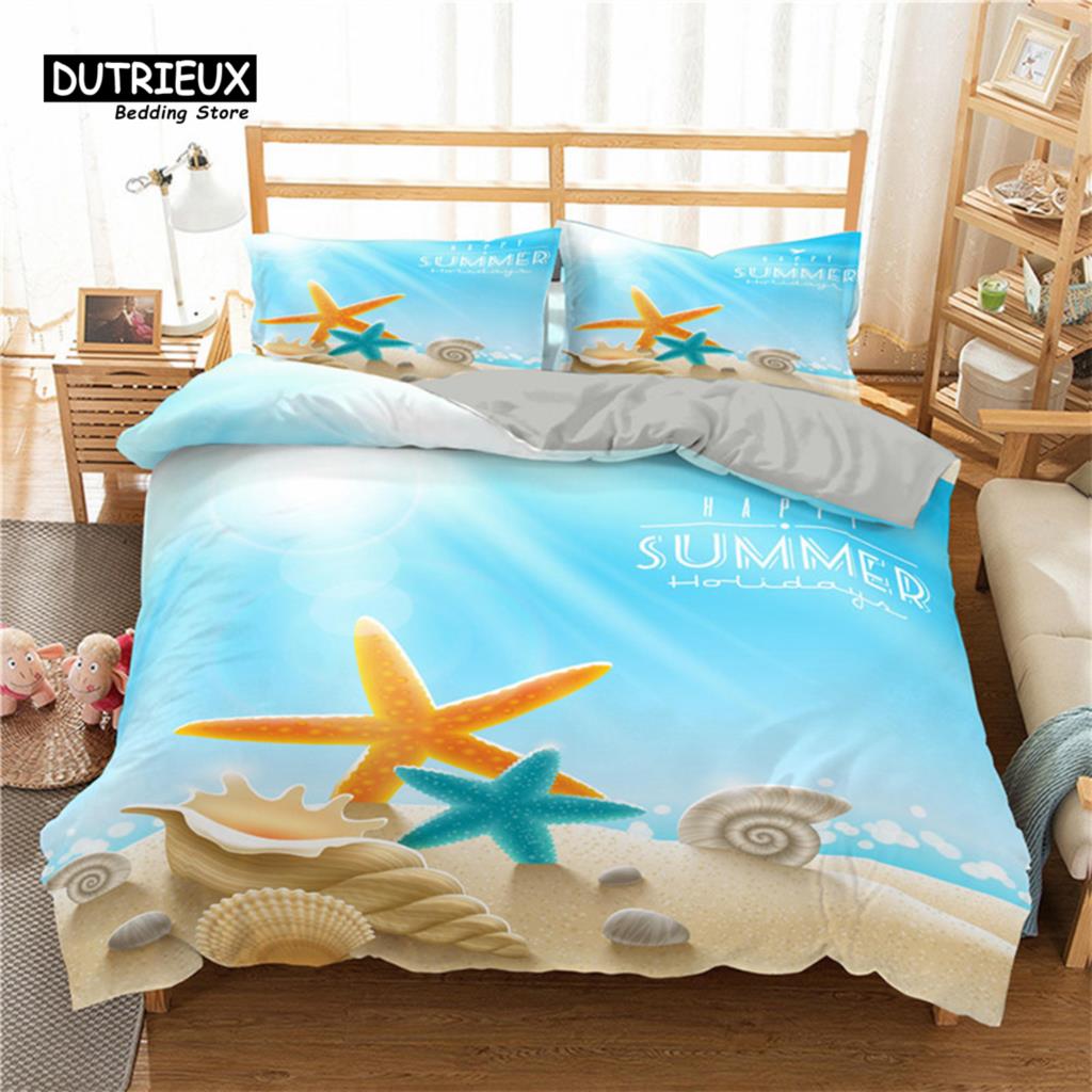 Seestern Muschel Strand Bettwäsche Set Mikrofaser Küste mit Sand mit buntem verschiedenen Muscheldruck Bettbezug Schlafzimmerdeko
