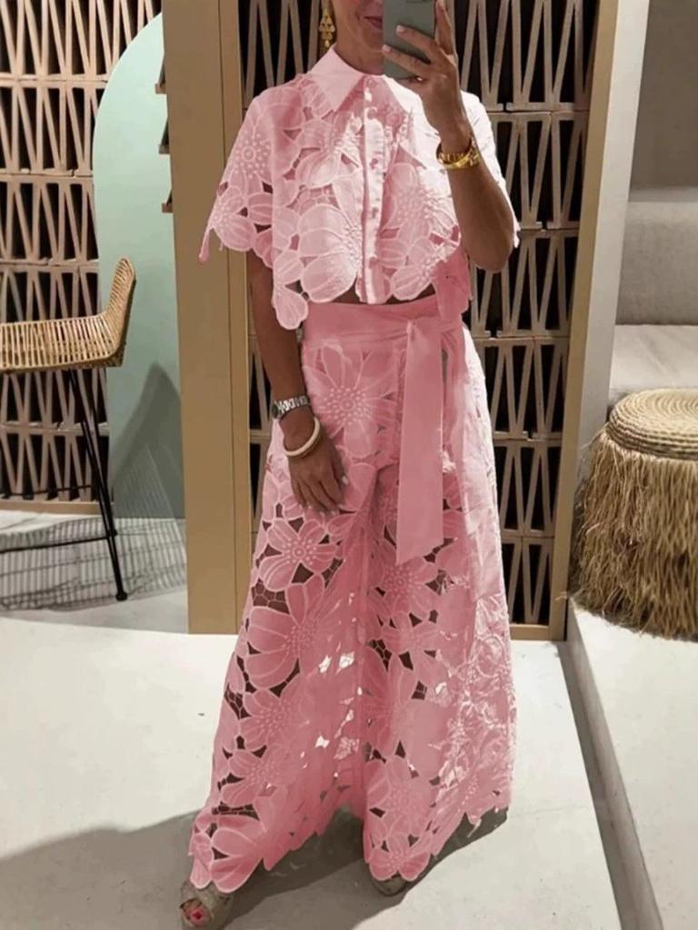 2025 Léto Elegantní Krajkové Dírkované Tričko a Dlouhé Kalhoty Set