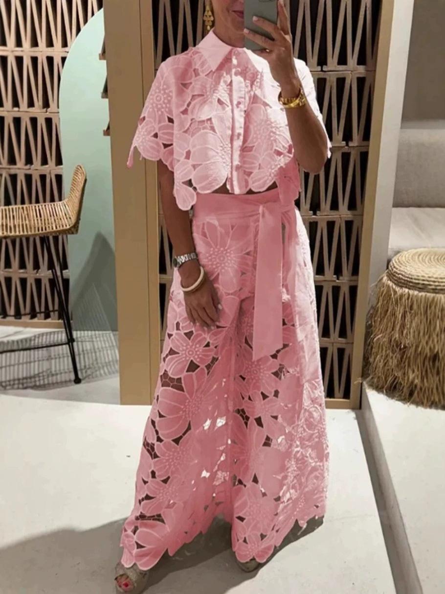 

2025 Summer Elegant Lace Hollowed-Out Shirt and Long Pants Set Double Extra Large (XXL) розовый