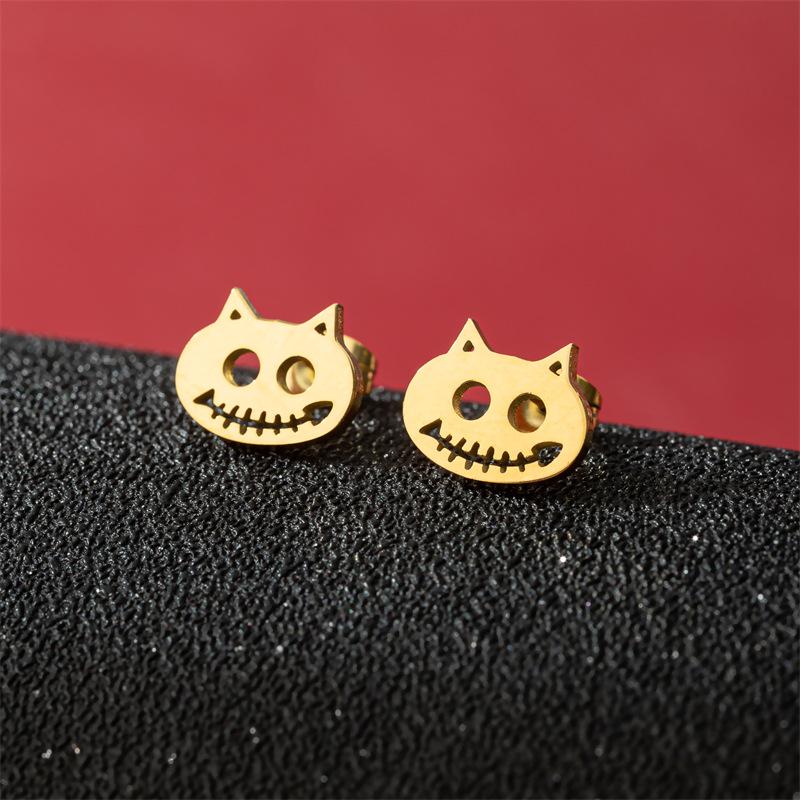 INS Retro Stainless Steel Fish Bone Cat Earrings - Halloween Cartoon Style