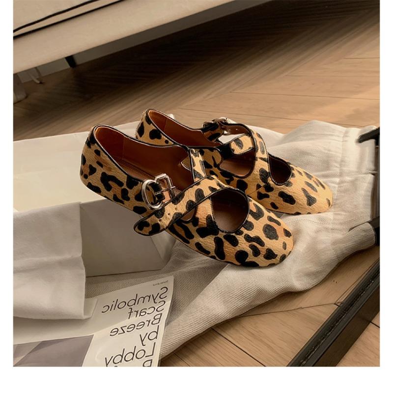 Sheepskin version leopard print shoes round head cross belt retro flat Mary Jane shoes women's shallow mouth versatile single shoes