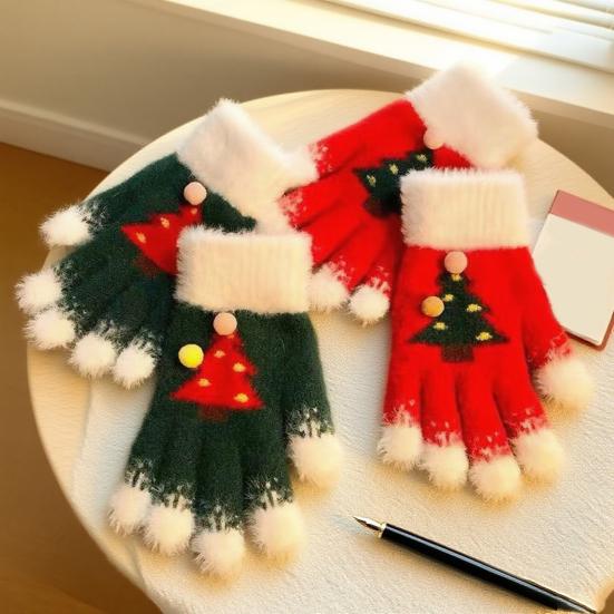 Knitted Christmas Gloves Unisex Christmas Tree Pattern Gloves Winter Touch Screen Fuzzy Gloves