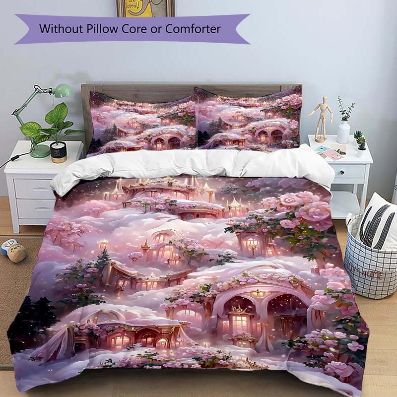 3pcs Enchanted Winter Wonderland Printed Quilt Set, Includes 1 Quilt Cover and 2 Pillowcases 135x200cm