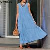 VONDA Women Round Neck Sleeveless Ruffled Casual Swing Pleated Dress