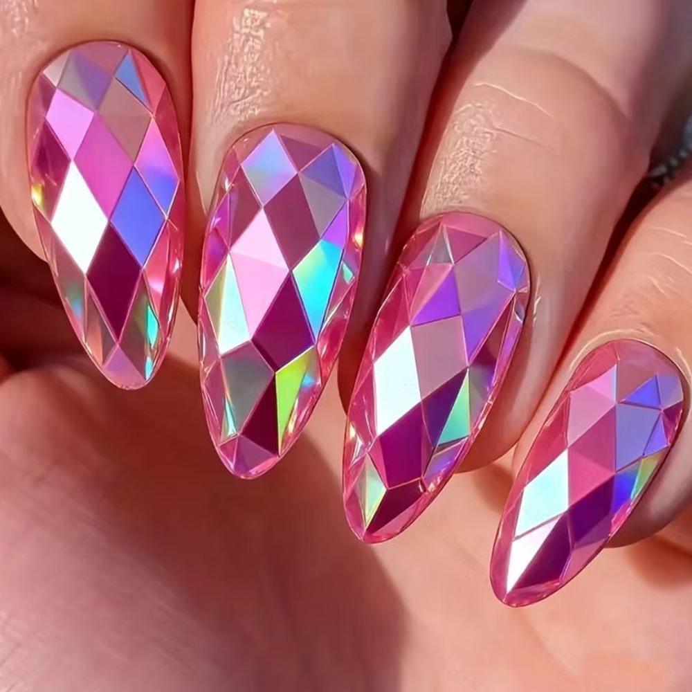 Iridescent Electroplated 3D Rhombus Almond Purple False Nails