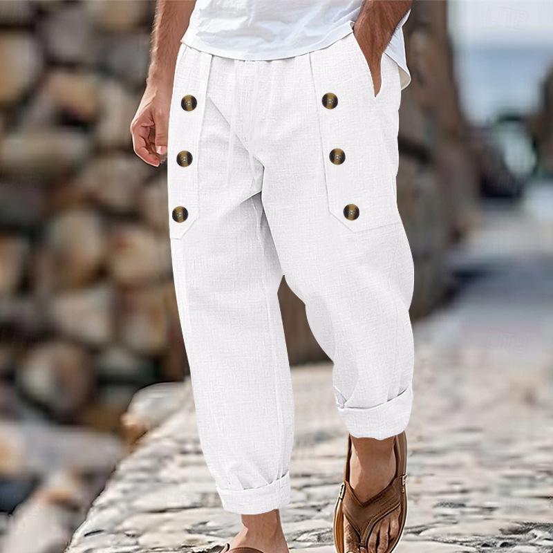 Casual Summer Beach Men s Relaxed Fit Multi-Button Cotton-Linen Blend Trousers S белый