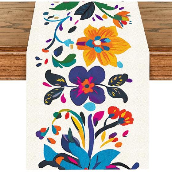 ANNA QUEEN Boho Floral Table Runner 13x72 Inch, Colorful Mexican Otomi-Style, Folk Art Table Decor for Dining Table, Fiesta Party, Kitchen, Wedding