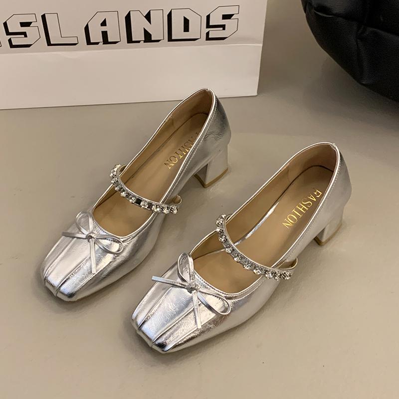 Fashion Square Head Shallow Mouth Butterfly Knot Rhinestones with Single Shoes Spring New Anti-slip Wear-resistant Thick Heel Shoes