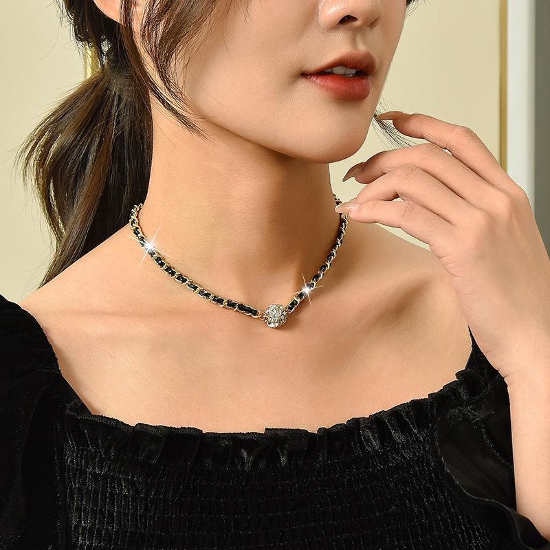 Vintage Leather Winding Chain Rhinestone Magnetic Suction Clavicle Necklace for Women Accessories