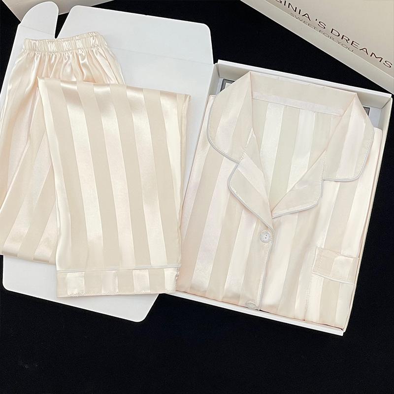 High-End Striped Long-Sleeved Trousers Pajamas Women'S Spring And Summer New Simple Solid-Color Loungewear Real Shot