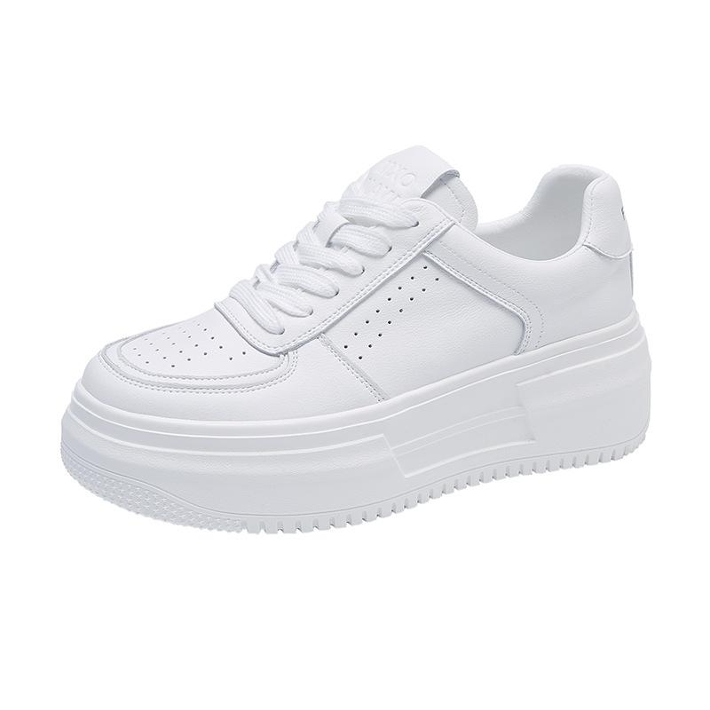 Leather platform white shoes women's 2025 spring new inner height increase breathable versatile casual women's shoes lace-up board shoes women