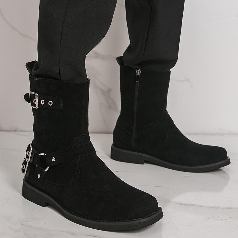 Men s High-Top Pointed Toe Leather Boots, British Style, Mid-Calf Buckle, Formal & Casual 43