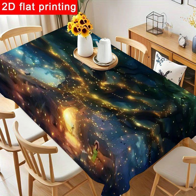 1pc Giant Tree Tablecloth Suitable for Birthday & Baby Shower Decorations - Magical Fireflies & Tree Design Round/Square Table Cover, Reusable Easy-Cl