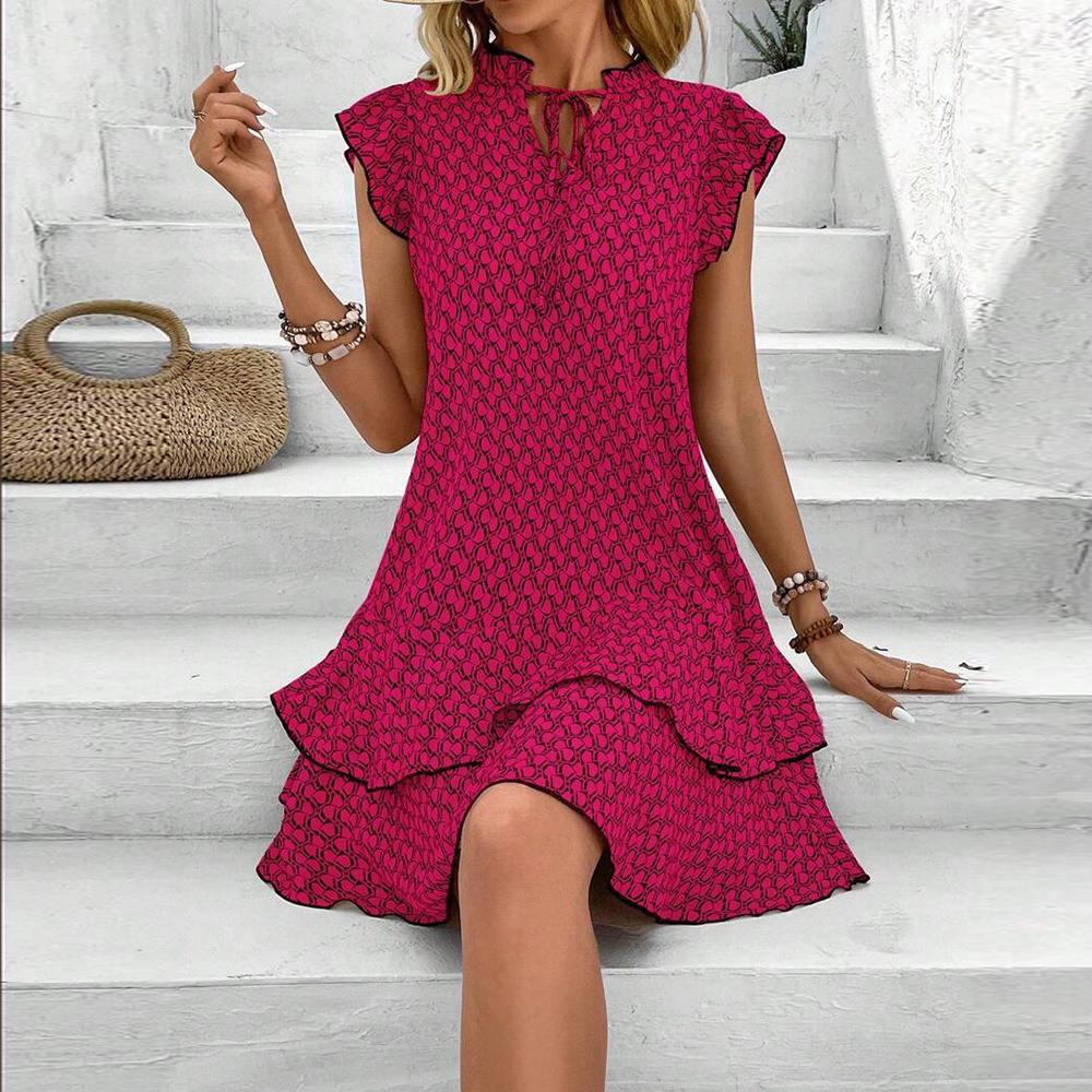 

Летнее элегантное женское повседневное свободное мини-платье с оборками в стиле бохо с V-образным вырезом и шнуровкой, платья с небольшими рукавами-крылышками для женщин S розы красного