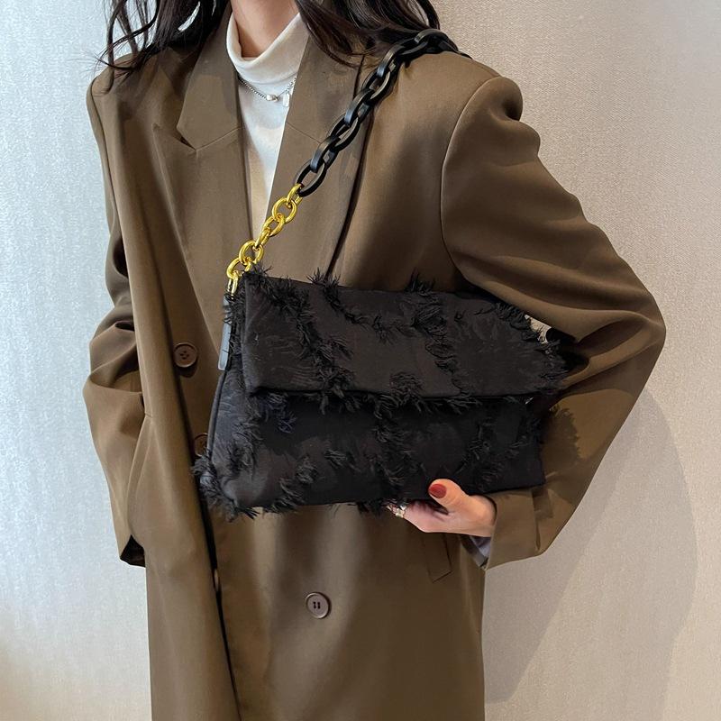 Retro Green Tassel Canvas Underarm Bags  Autumn Women Chic Chains Handbags Ladies Temperament Shoulder Bag for Party