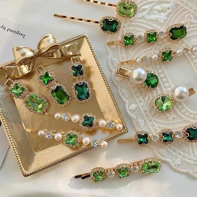 Fermaglio per capelli retrò con strass smeraldo per donna - Versatile, elegante forcina a parola singola per frangia