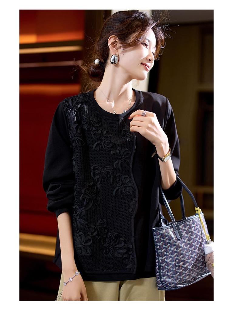 Dámské trendy černé tričko s dlouhým rukávem s výšivkou, zima 2024, nový čínský styl, nadměrná velikost