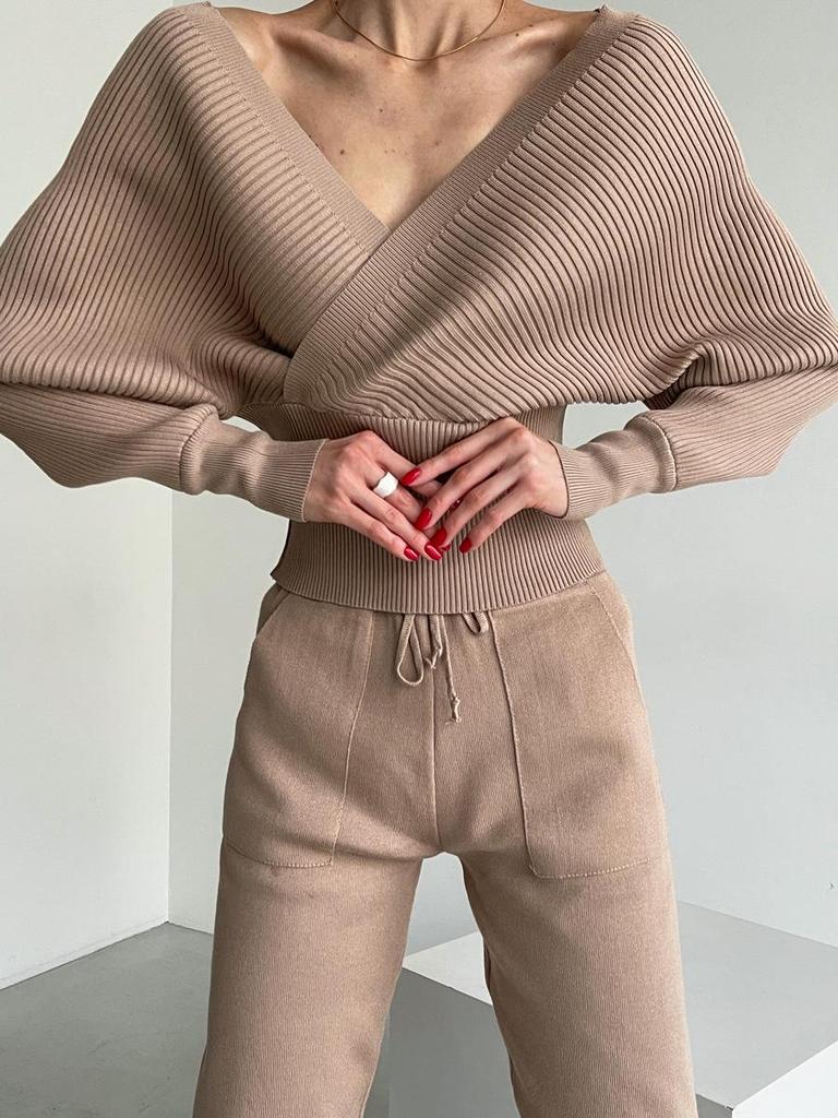 Elegant Off-Shoulder Batwing V-Neck Sweater Two-Piece Set for Women