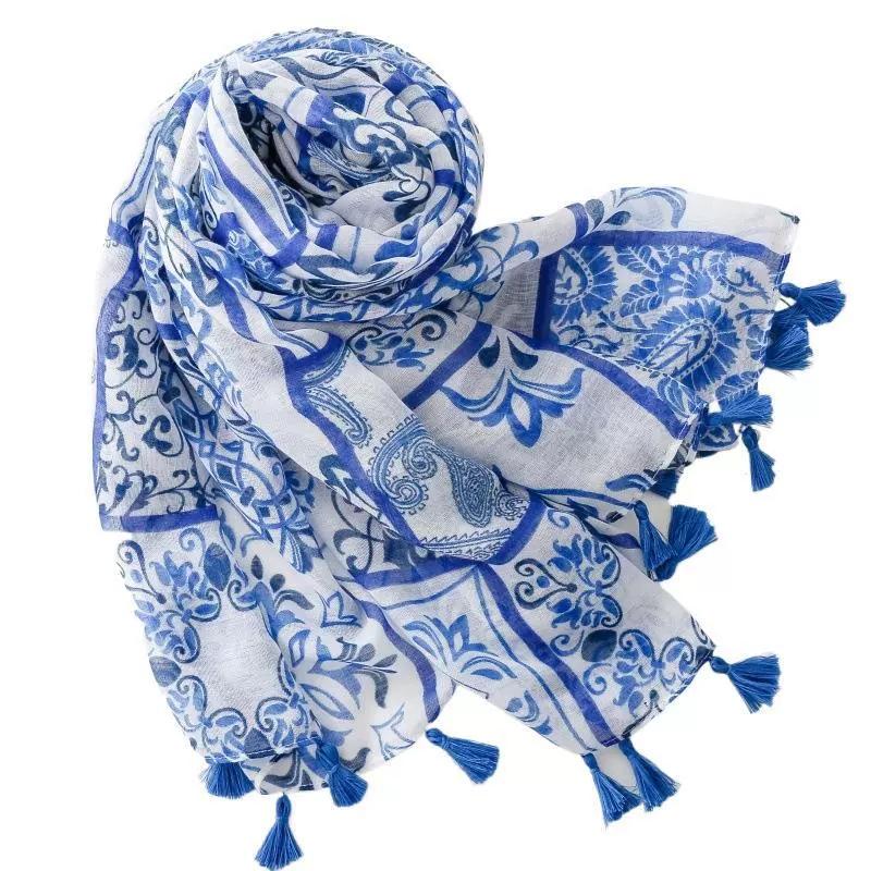 Yto Scarf Women's Blue/White 180*88Cm Bohemian And Floral Print Scarf Headscarf Arabian Scarf Middle East Dubai Turkey Palestinian Hijab Scarves 180Cm