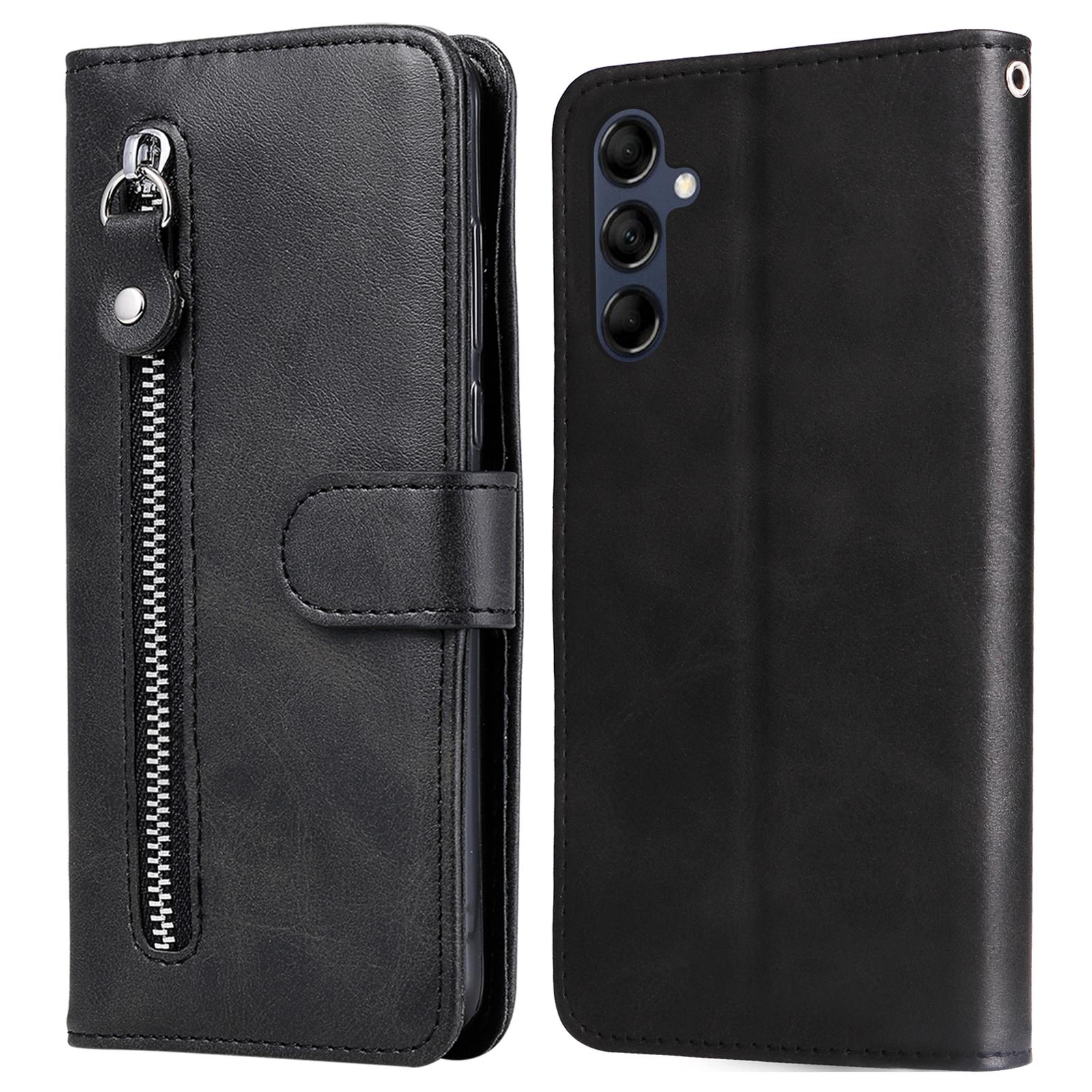 

For Samsung Galaxy M14 5G PU Leather Case Zipper Pocket Calf Texture Stand Wallet Phone Cover Black
