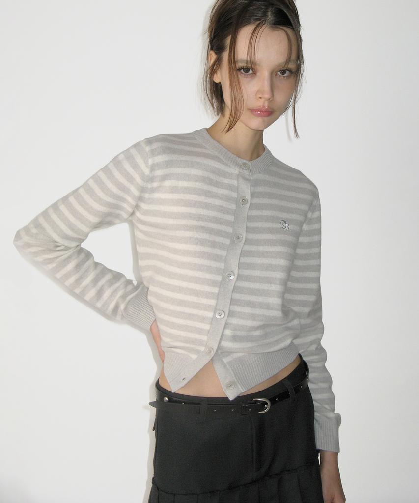 SUNBURNPROJECT Cashmere Stripe Round Cardigan, Light Gray